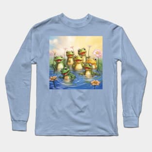 Funny frog sit and song on a lotus leaf in the pond Long Sleeve T-Shirt